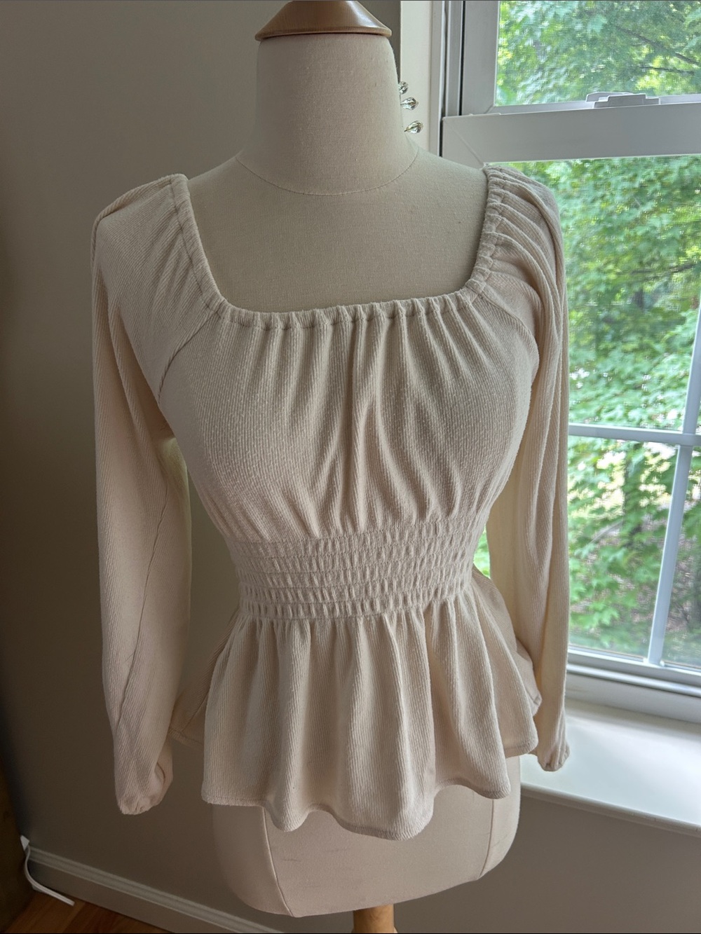 Madewell Cream Smocked Waist Peplum Long Sleeve Top